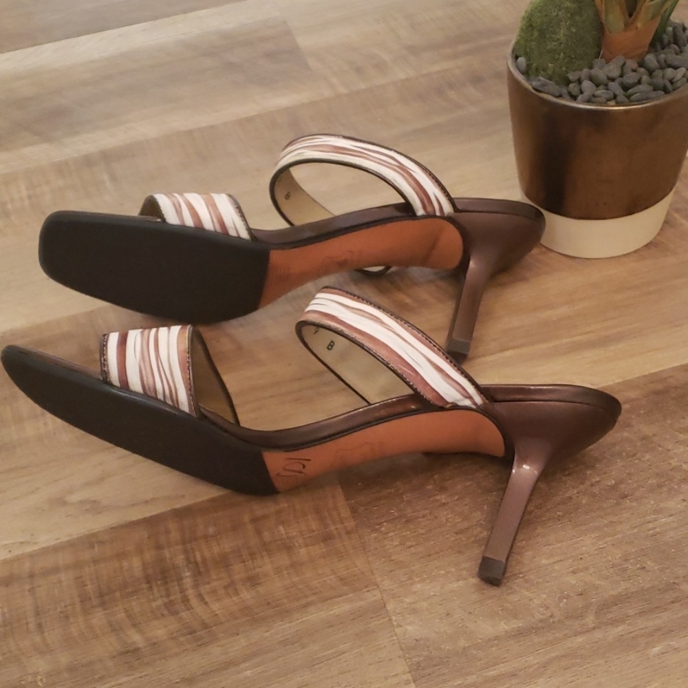 Stuart Weitzman Striped Block Heel Sandals Brown Pink White Square Toe - Picture 4 of 6